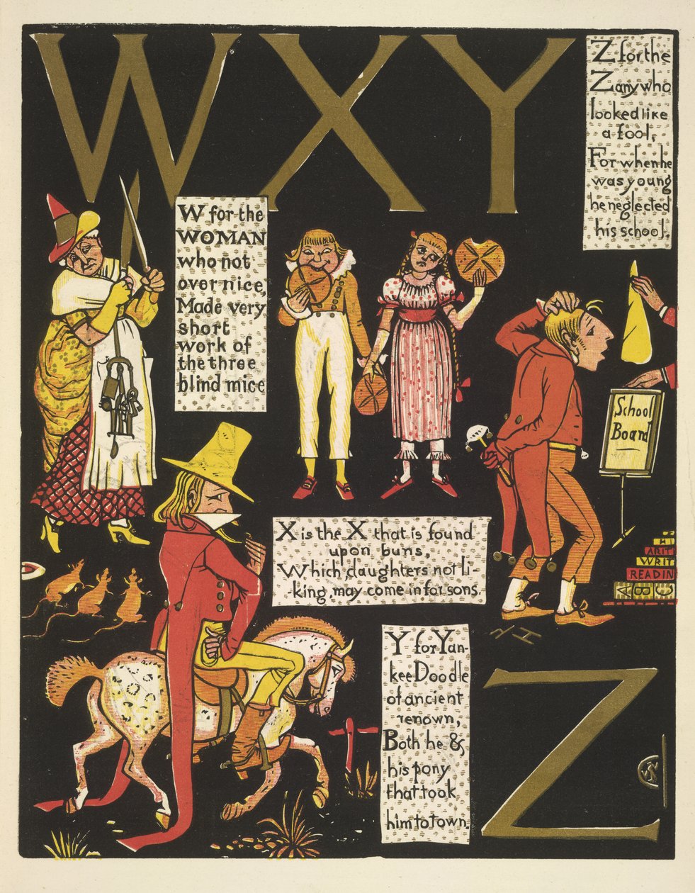 WXYZ- W für die Frau, die nicht übermäßig nett war; X ist das X, das auf Brötchen gefunden wird; Y für Yankee Doodle; und Z für den Narren, der wie ein Dummkopf aussah von Walter Crane