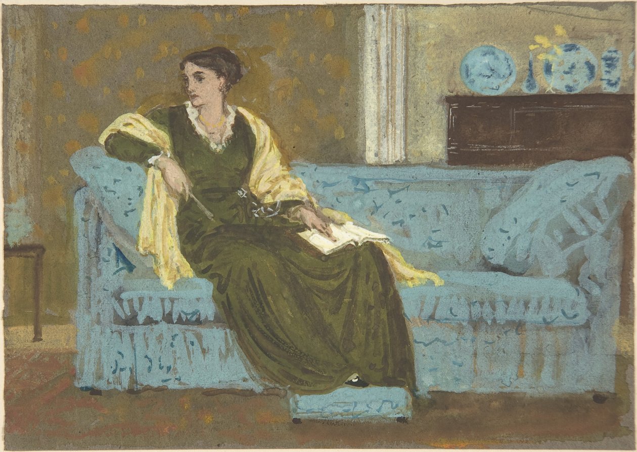 Frau auf einem Sofa sitzend von Walter Crane