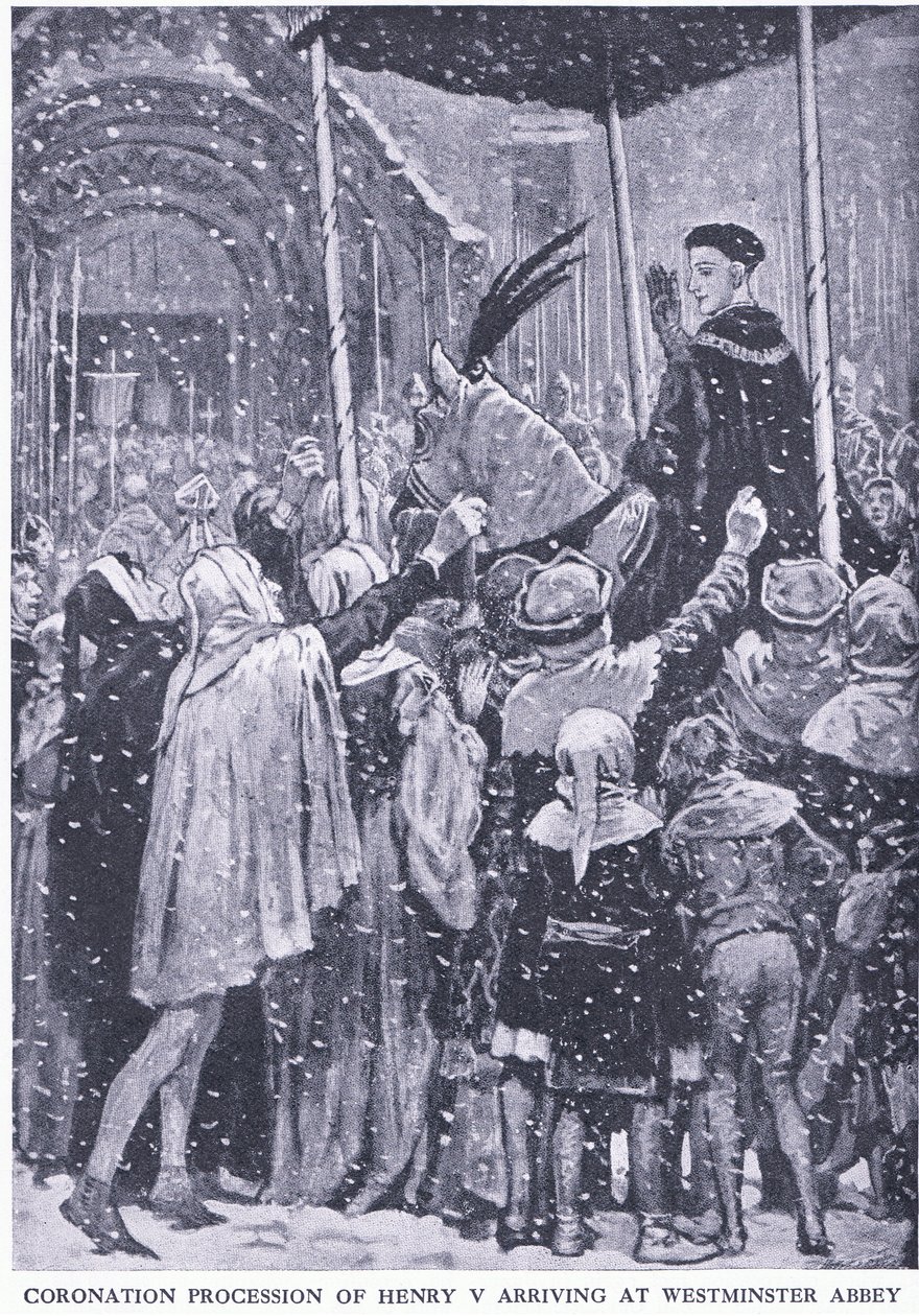 Krönungsprozession von Heinrich V. Ankunft in der Westminster Abbey 1413, aus Cassells Geschichte des britischen Volkes veröffentlicht von der Waverley Book Company Limited, ca. 1940 von Walter Paget
