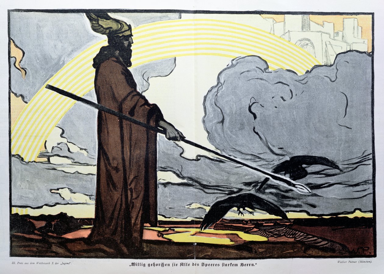 Odin mit seinen zwei Raben, Hugin (Gedanke) und Munin (Erinnerung) von Walter Puttner