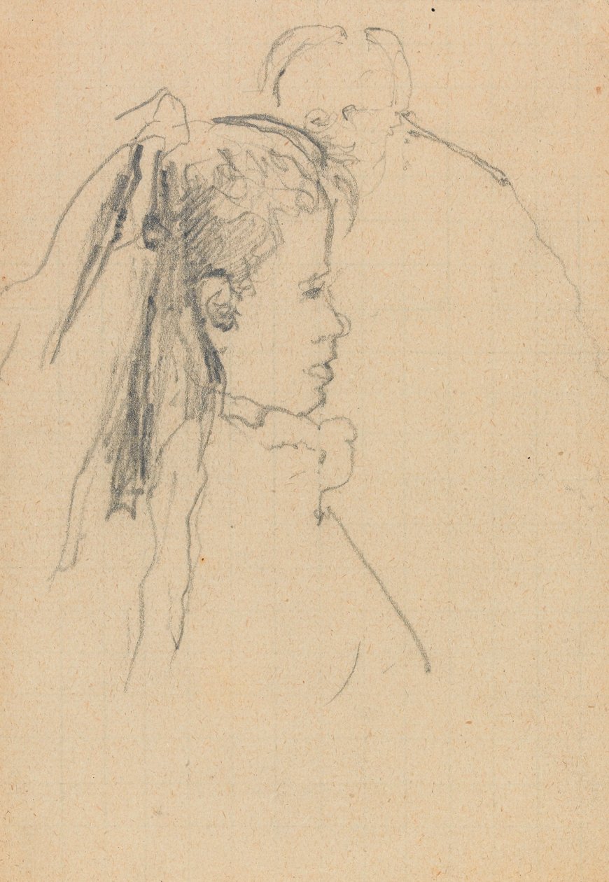 Kopf und Büste eines Mädchens im Profil nach rechts, Kopf eines Mannes, frontal dahinter von Walter Richard Sickert