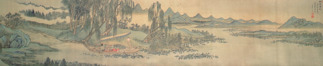 Handrolle mit Landschaft und Kolophon-Gedicht, Angeln im Weidenbach, Chinesisch, 1706 von Wang Hui