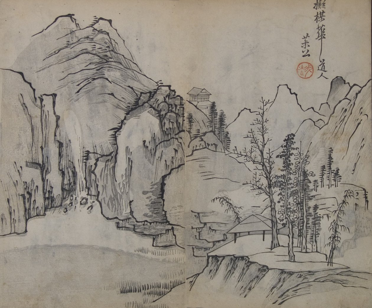 Landschaft nach Wu Zhen 1280-1354, aus dem Handbuch des Senfkorns..., Erstausgabe, 1679 von Wang Gai