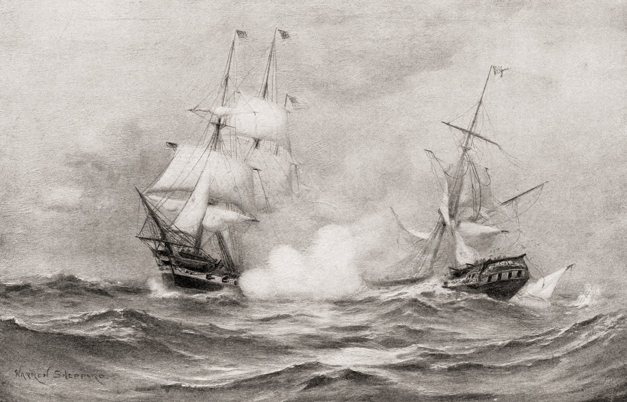 Der Kampf zwischen USS Constitution und HMS Guerriere, während des Krieges von 1812, etwa 400 Meilen südöstlich von Halifax, Nova Scotia, aus Die Geschichte unseres Landes, veröffentlicht 1905 von Warren Sheppard