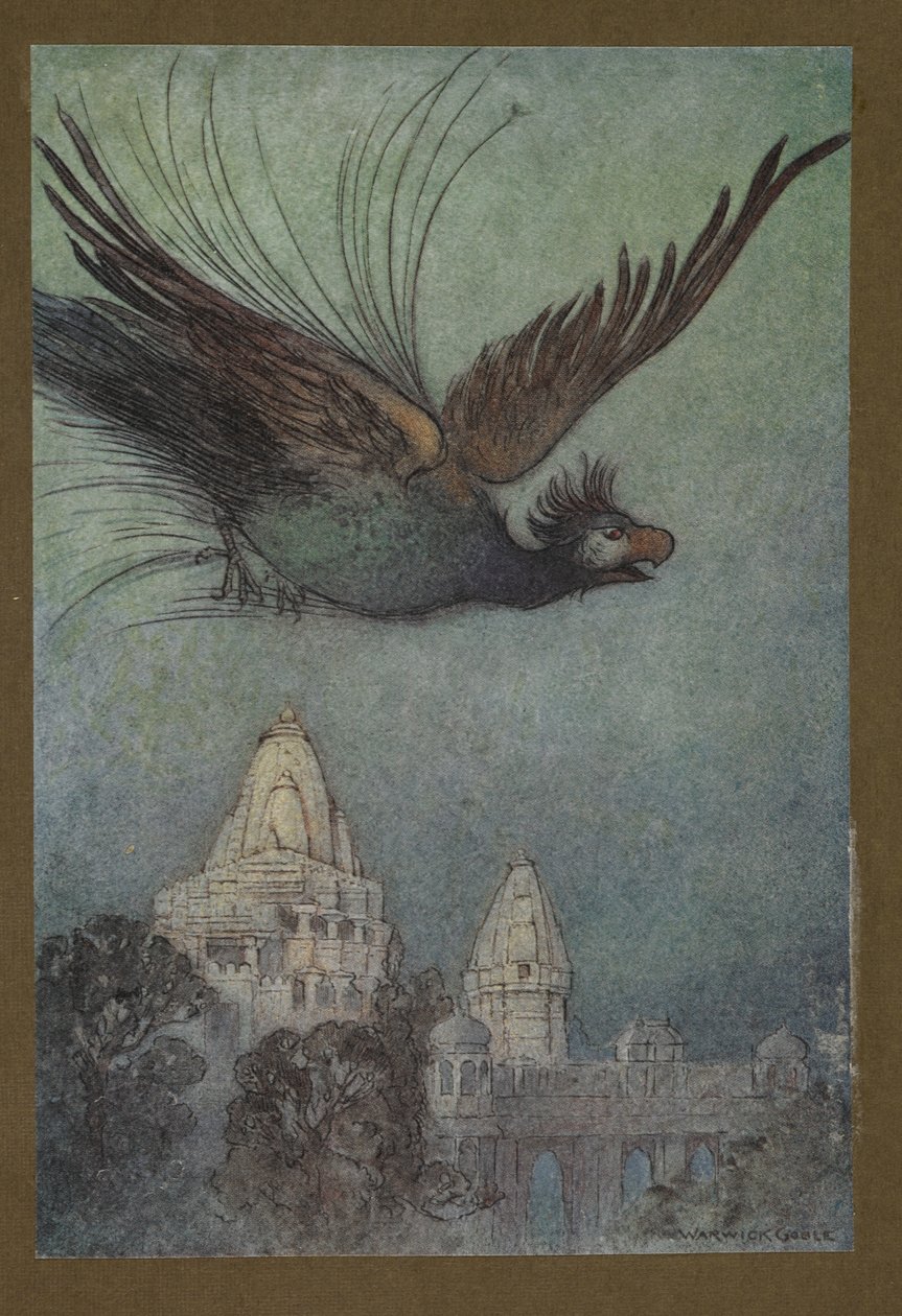 Tafel 10: "Ein riesiger Vogel kommt offenbar aus dem Palast", aus Folk-Tales of Bengal ... Mit 32 Illustrationen in Farbe von Warwick Goble (Edition de luxe.) 1914 von Warwick Goble