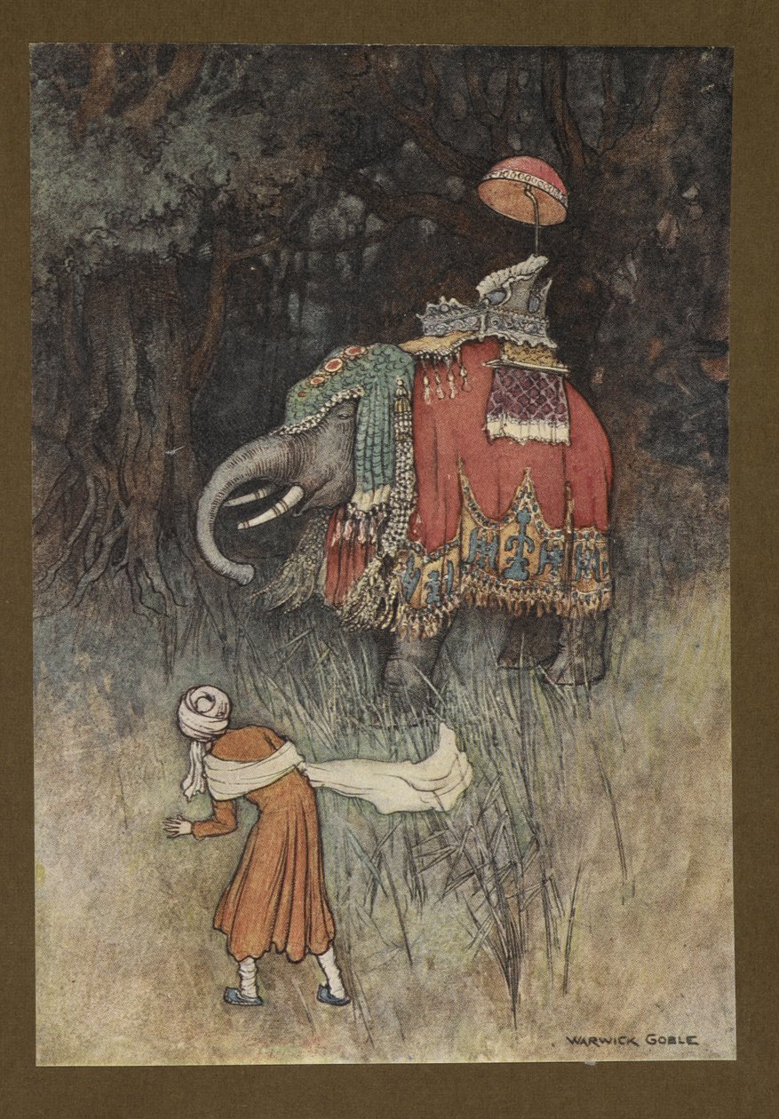 Tafel 8: "Plötzlich kreuzte ein prächtig geschmückter Elefant seinen Weg", aus Folk-Tales of Bengal ... Mit 32 Illustrationen in Farbe von Warwick Goble (Edition de luxe) von Warwick Goble