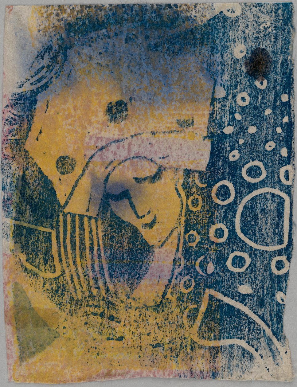 Farbholzschnitt-Probedrucke; Vorderseite: Frauenkopf mit großer Haube, Hintergrund mit Kreismusterung; Rückseite: Hand, stehende Gestalten von Wassily Kandinsky