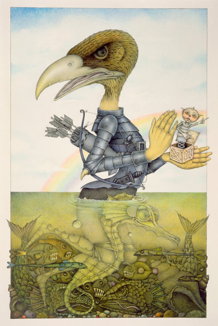 Vogel in Rüstung auf Seepferdchen von Wayne Anderson