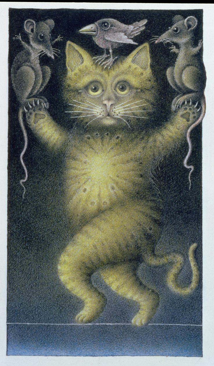 Katze auf einem Seil, balancierend mit Vogel und Mäusen von Wayne Anderson