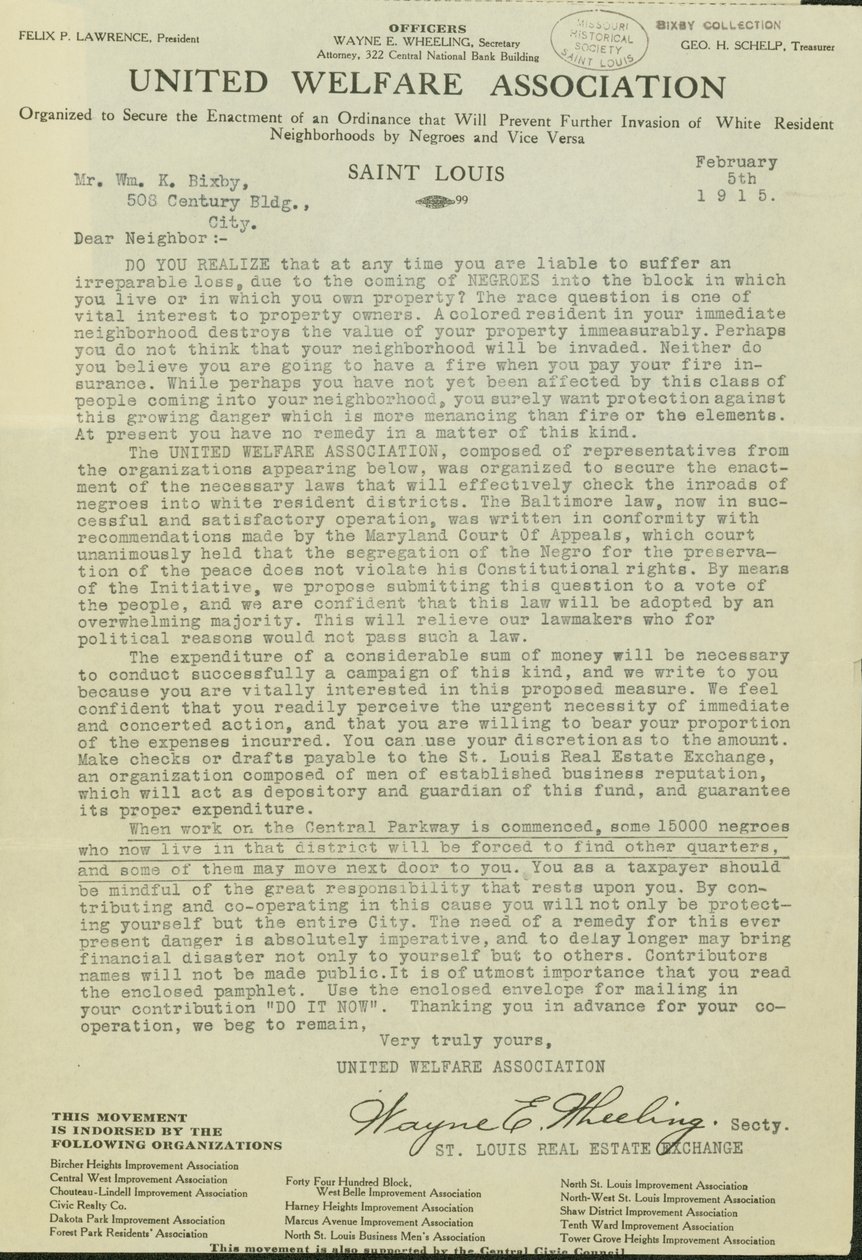 Brief von Wayne E. Wheeling, United Welfare Association, an Lieber Nachbar, 5. Februar 1915 von Wayne E. Wheeling