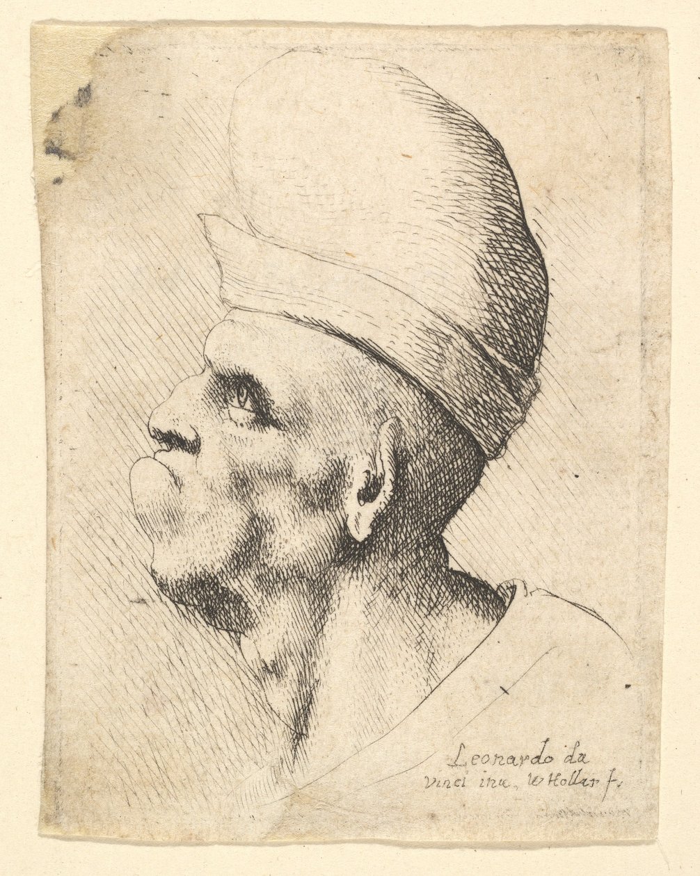 Büste eines deformierten Mannes mit einem knolligen Hut im Profil nach links, 1625-77 von Wenceslaus Hollar