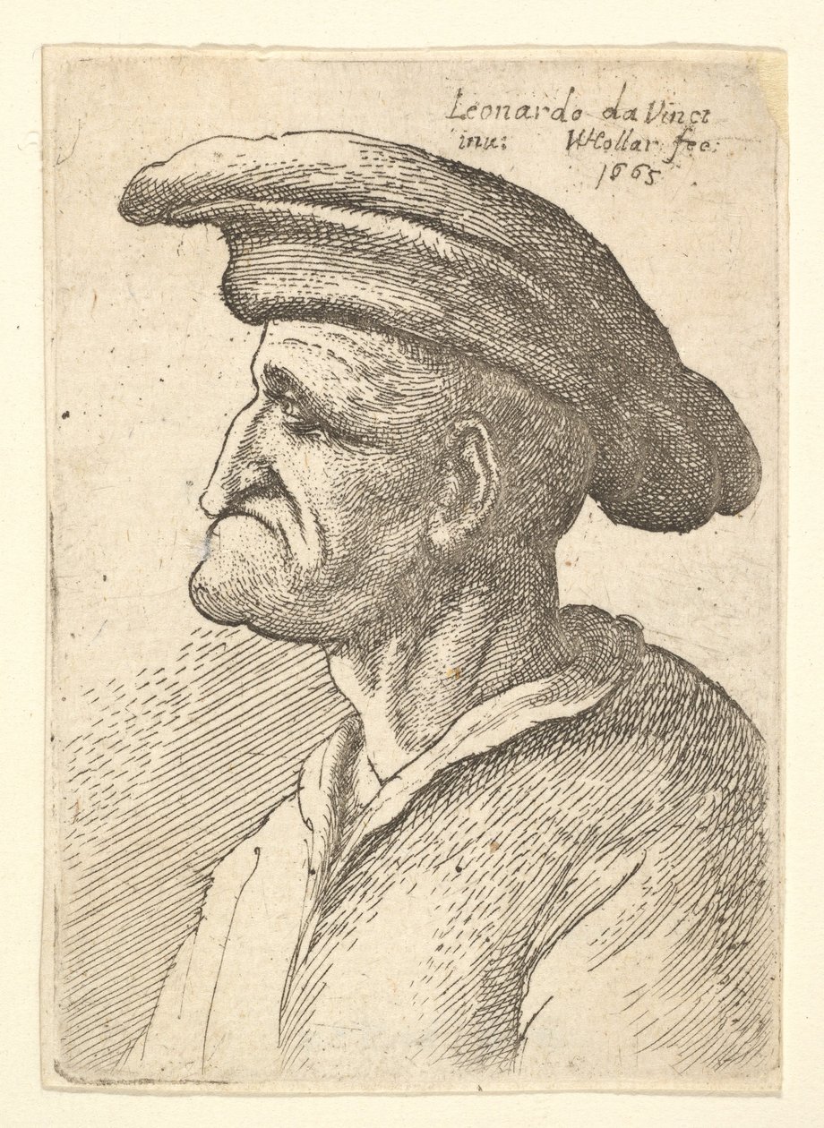 Büste eines älteren Mannes mit einer Nase, die seine Unterlippe trifft, mit breitem flachem Hut im Profil, 1665 von Wenceslaus Hollar