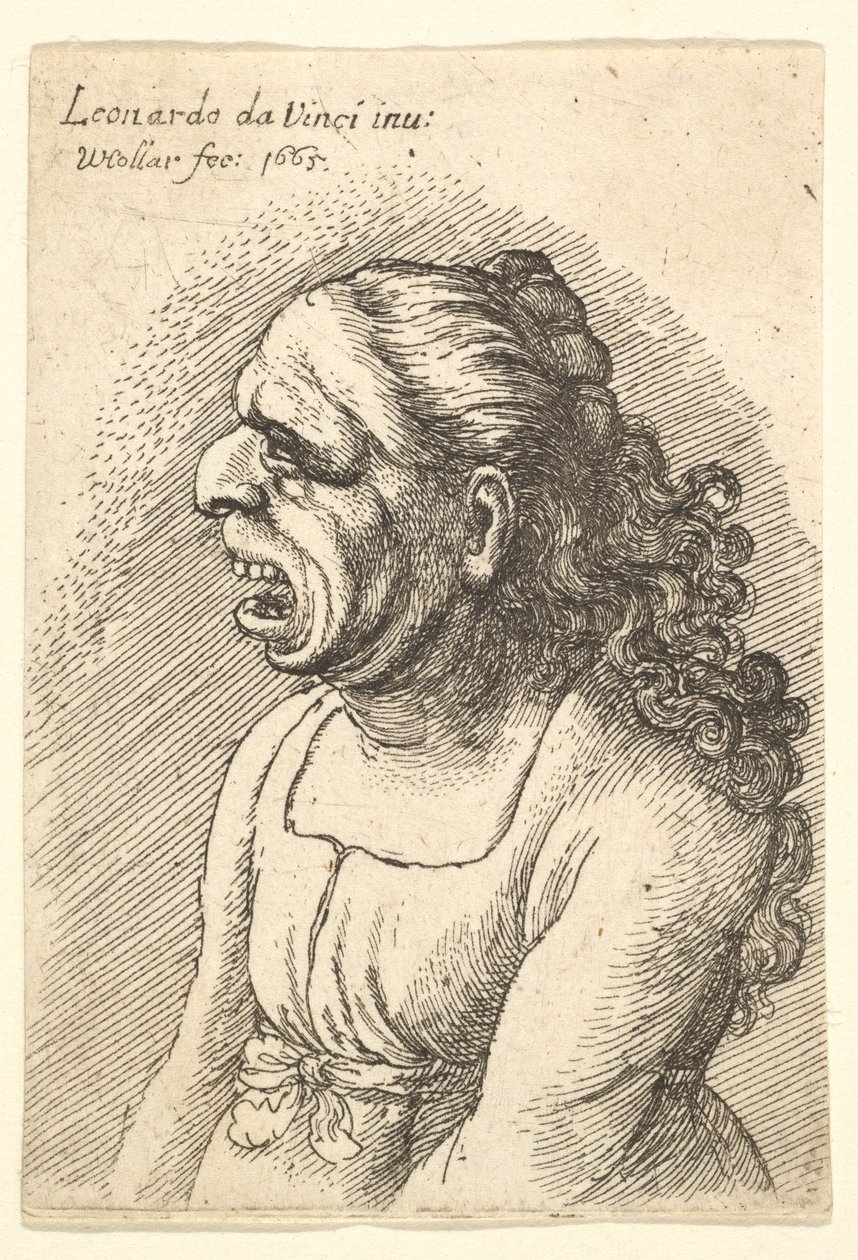 Büste einer Frau mit weit geöffnetem Mund und langen lockigen Haaren, die über ihre Schultern fallen von Wenceslaus Hollar
