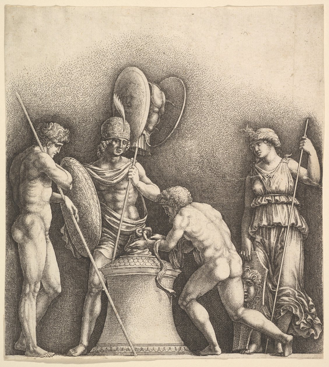 Vier klassische Figuren, heidnisches Opfer, 1638 von Wenceslaus Hollar
