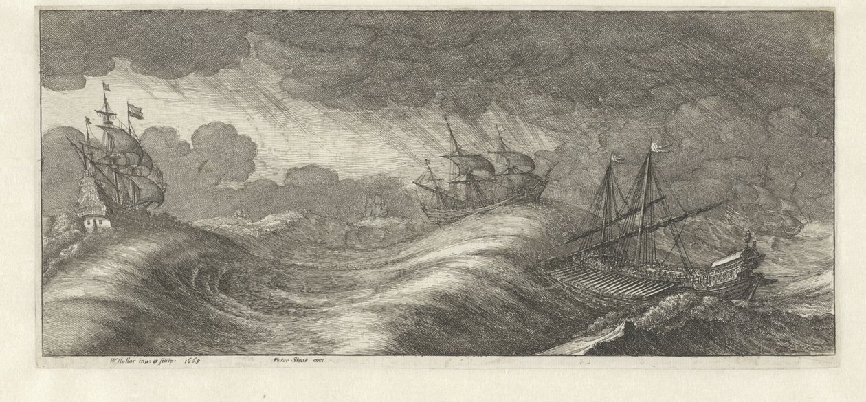 Galeere und andere Schiffe in einem Seesturm von Wenceslaus Hollar