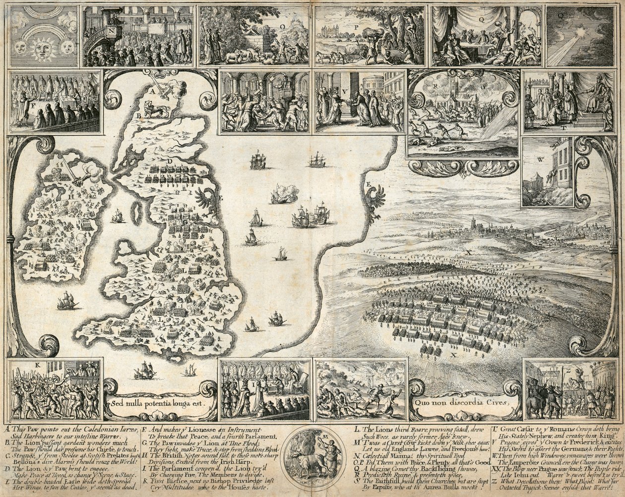 Karte der Britischen Inseln und Illustrationen historischer Ereignisse des 17. Jahrhunderts, ca. 1659 von Wenceslaus Hollar