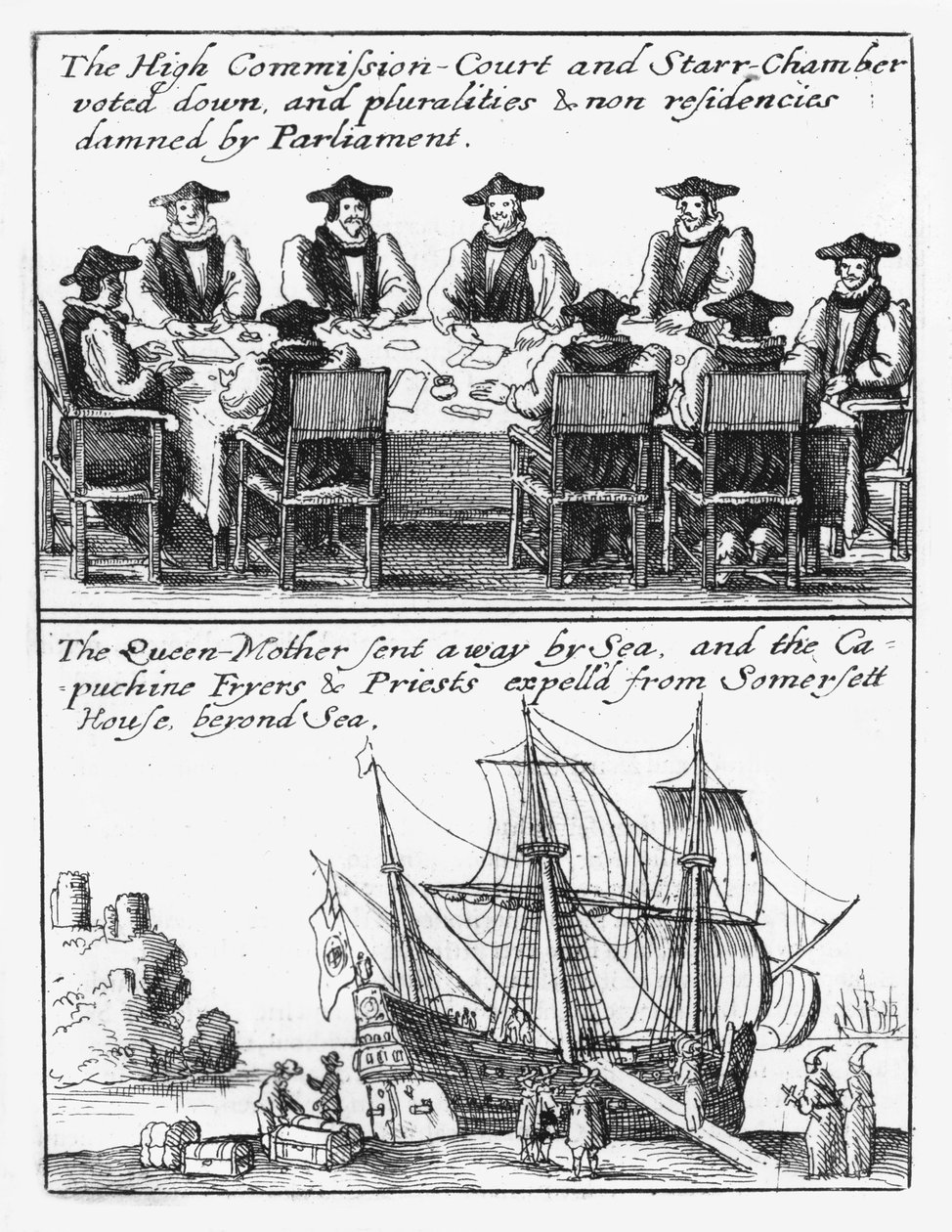 Mitglieder der Sternkammer; Königin Henrietta Maria segelt von England von Wenceslaus Hollar