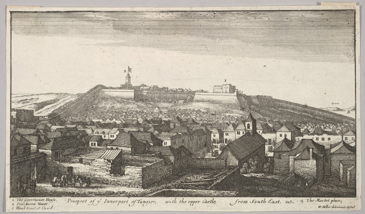 Aussicht auf den inneren Teil von Tanger mit der oberen Burg von Wenceslaus Hollar