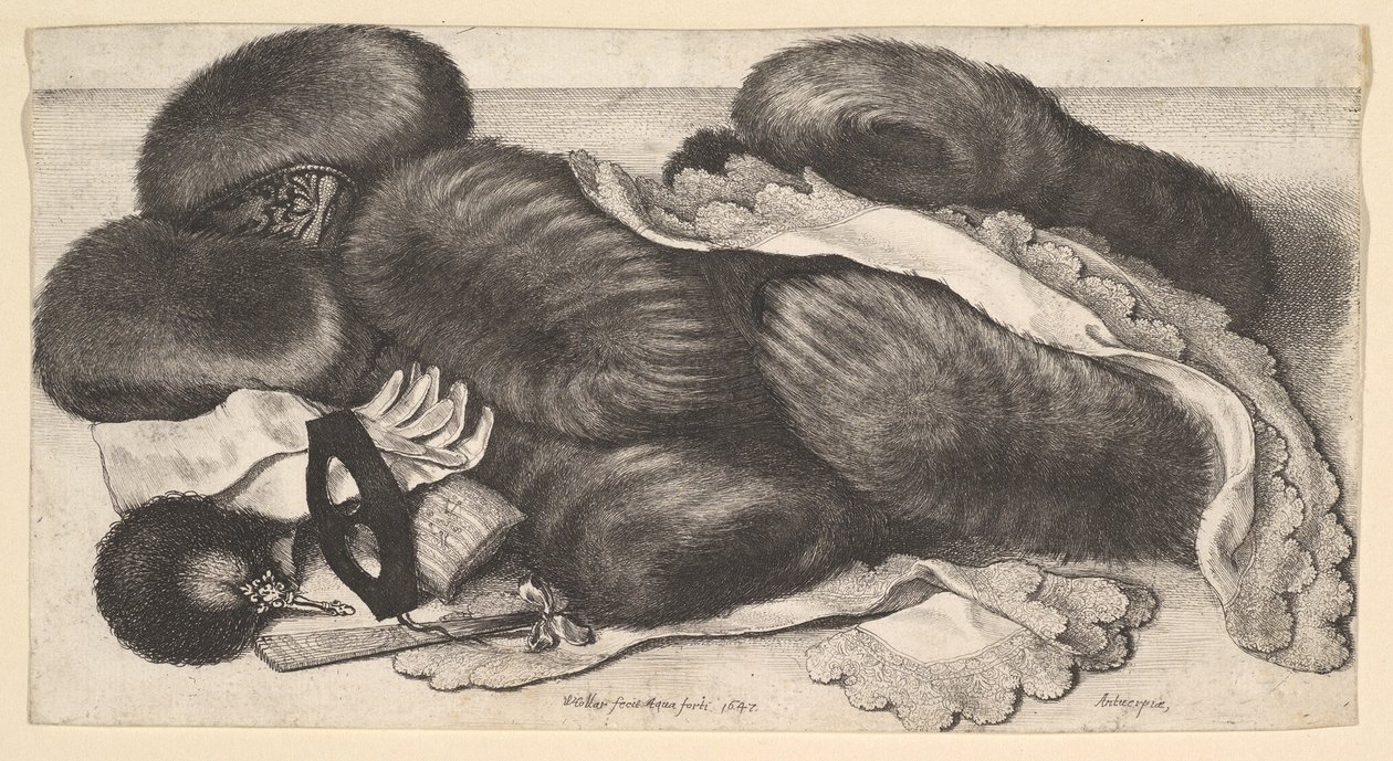 Stillleben mit einer Gruppe von Muffen, einem Paar Handschuhen, Fächern, Maske und zwei Taschentüchern, 1647 von Wenceslaus Hollar