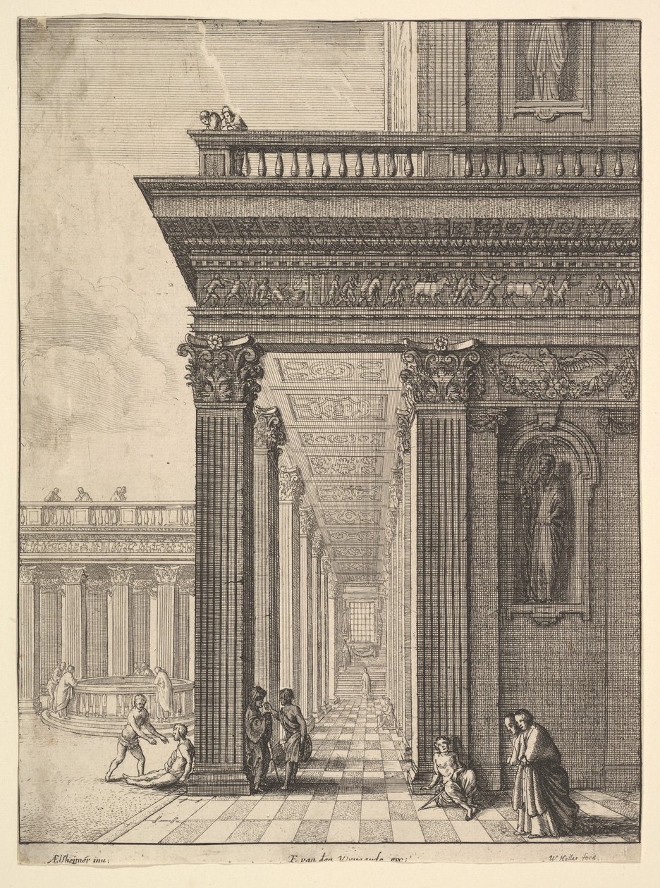 Tempelhof mit Figuren, nach David Teniers dem Älteren, 1625-77 von Wenceslaus Hollar