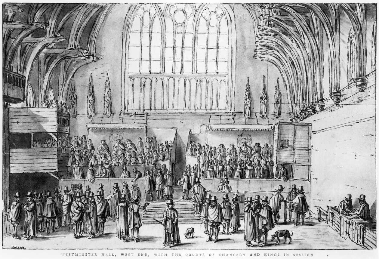 Westminster Hall, Westende, mit den Gerichten von Chancery und Kings in Sitzung von Wenceslaus Hollar