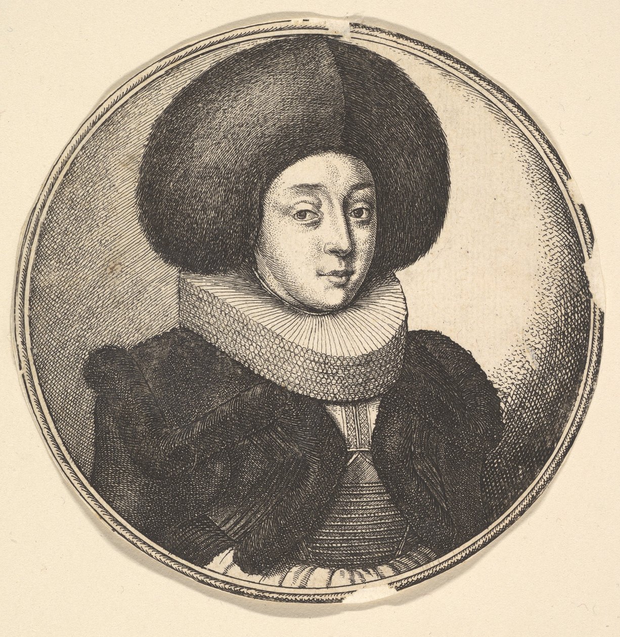Frau mit großem rundem Pelzhut und Spitzenkrause, 1645 von Wenceslaus Hollar