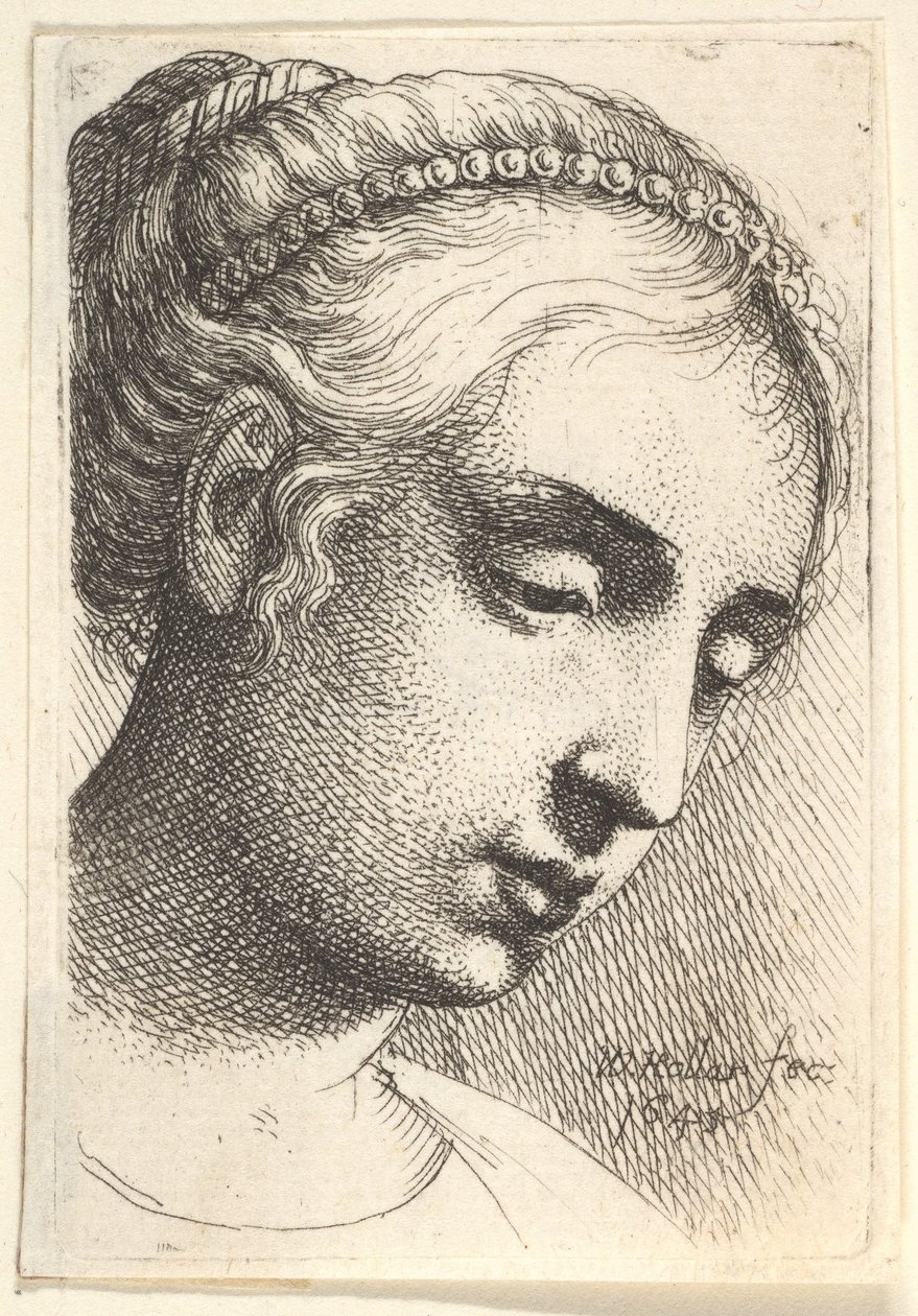Frau mit Perlenkette im Haar, die nach rechts unten schaut von Wenceslaus Hollar