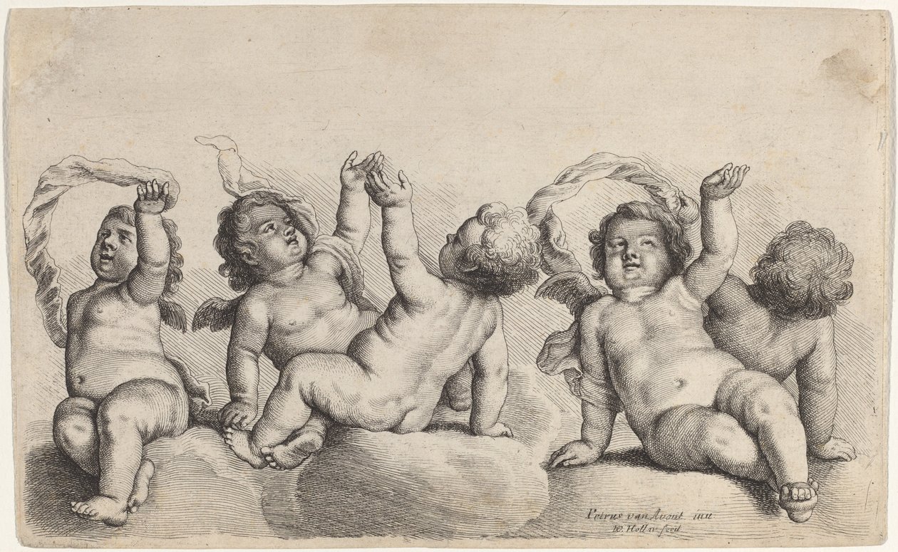 Drei Cherubim und zwei Jungen, die jeweils einen Arm auf Wolken heben von Wenceslaus Hollar, after Peeter van Avont