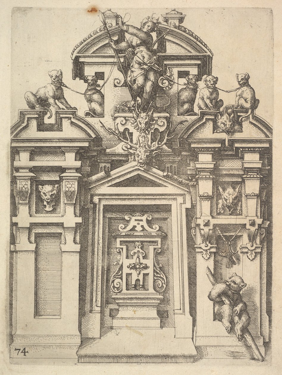 Entwurf für eine architektonische Struktur mit Jagdmotiv, Platte 74 aus Dietterlins Ar..., 1598 von Wendel Dietterlin the Elder