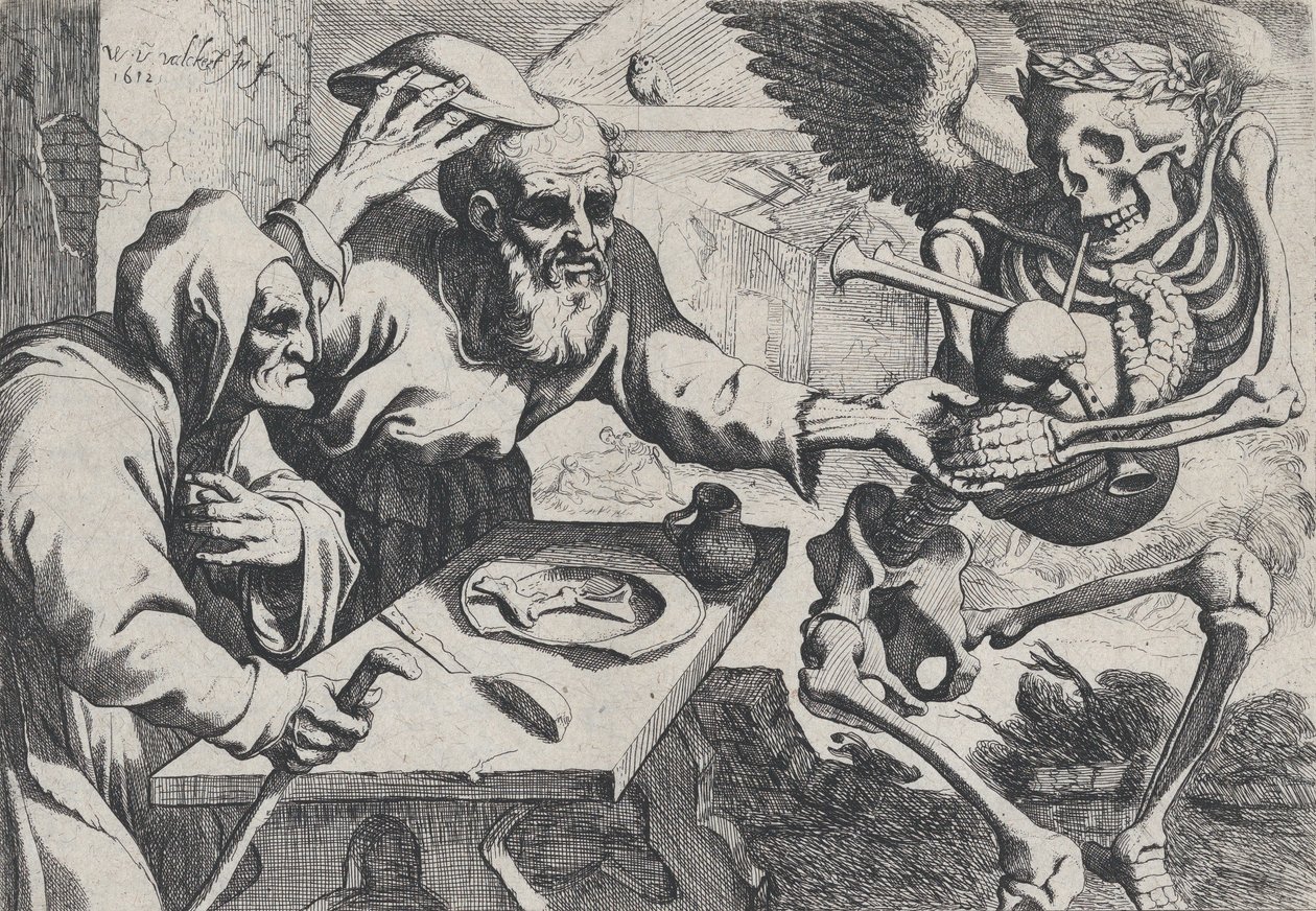 Altes Paar und Tod mit Dudelsack, 1612 von Werner Jacobsz. van den Valckert