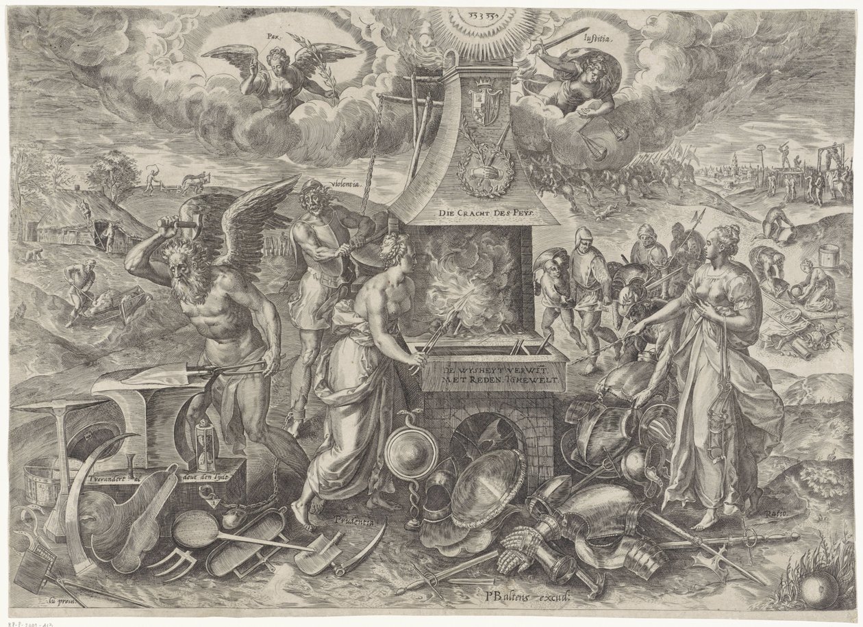 Die Macht des Friedens, 1577 Die Cracht des Peys (Titel auf Objekt) Allegorien auf die erneuerte Friedensperiode in den Niederlanden (Serientitel) von Wierix