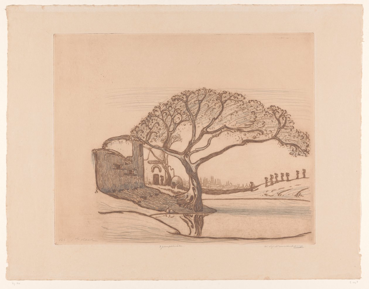 Häuser, Baum am Teich und Frauen mit Wasserkrügen auf dem Kopf von Wijnand Otto Jan Nieuwenkamp (signed by artist)