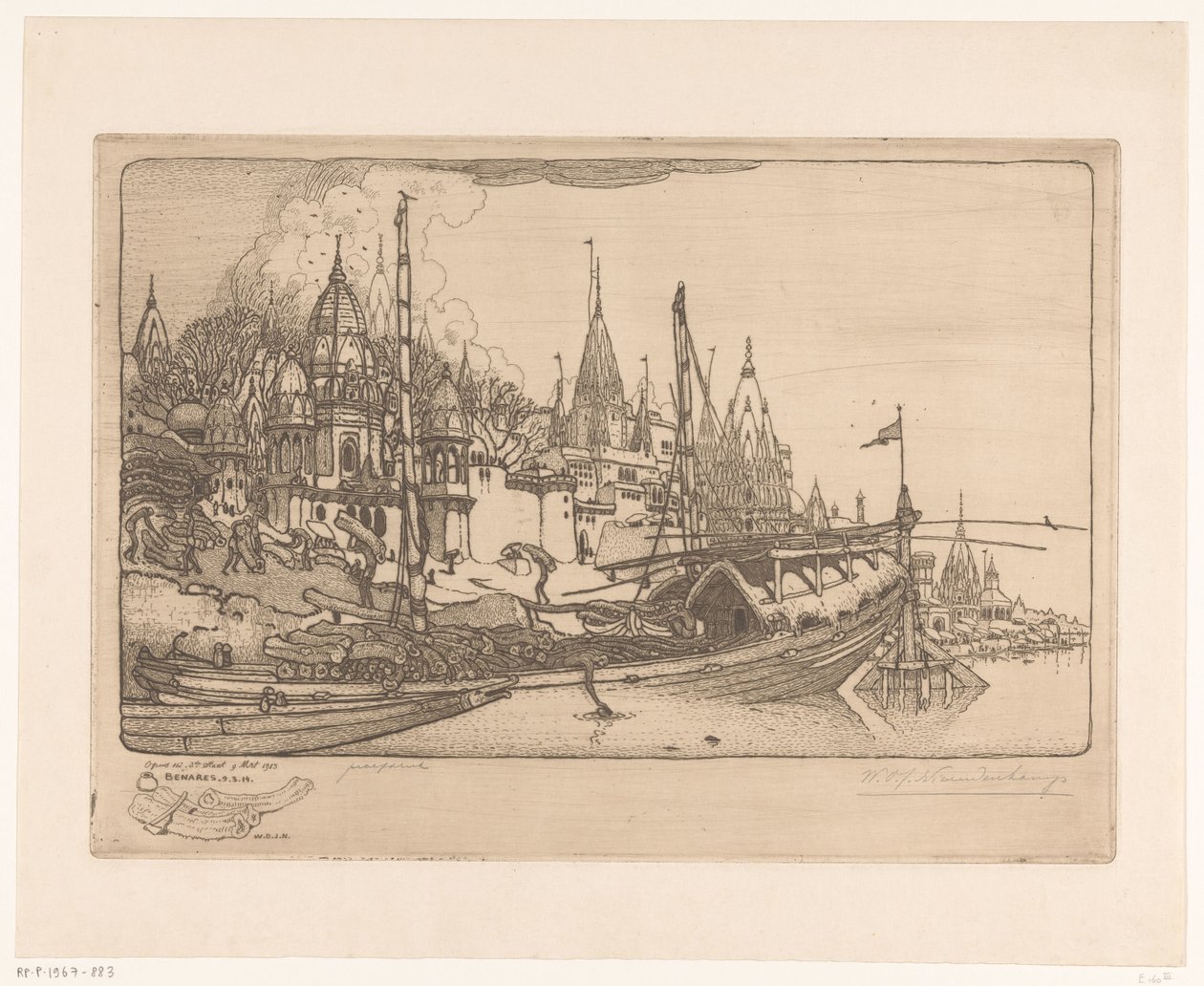 Schiff mit Brennholz am Ufer des Ganges in Benares von Wijnand Otto Jan Nieuwenkamp (signed by artist)
