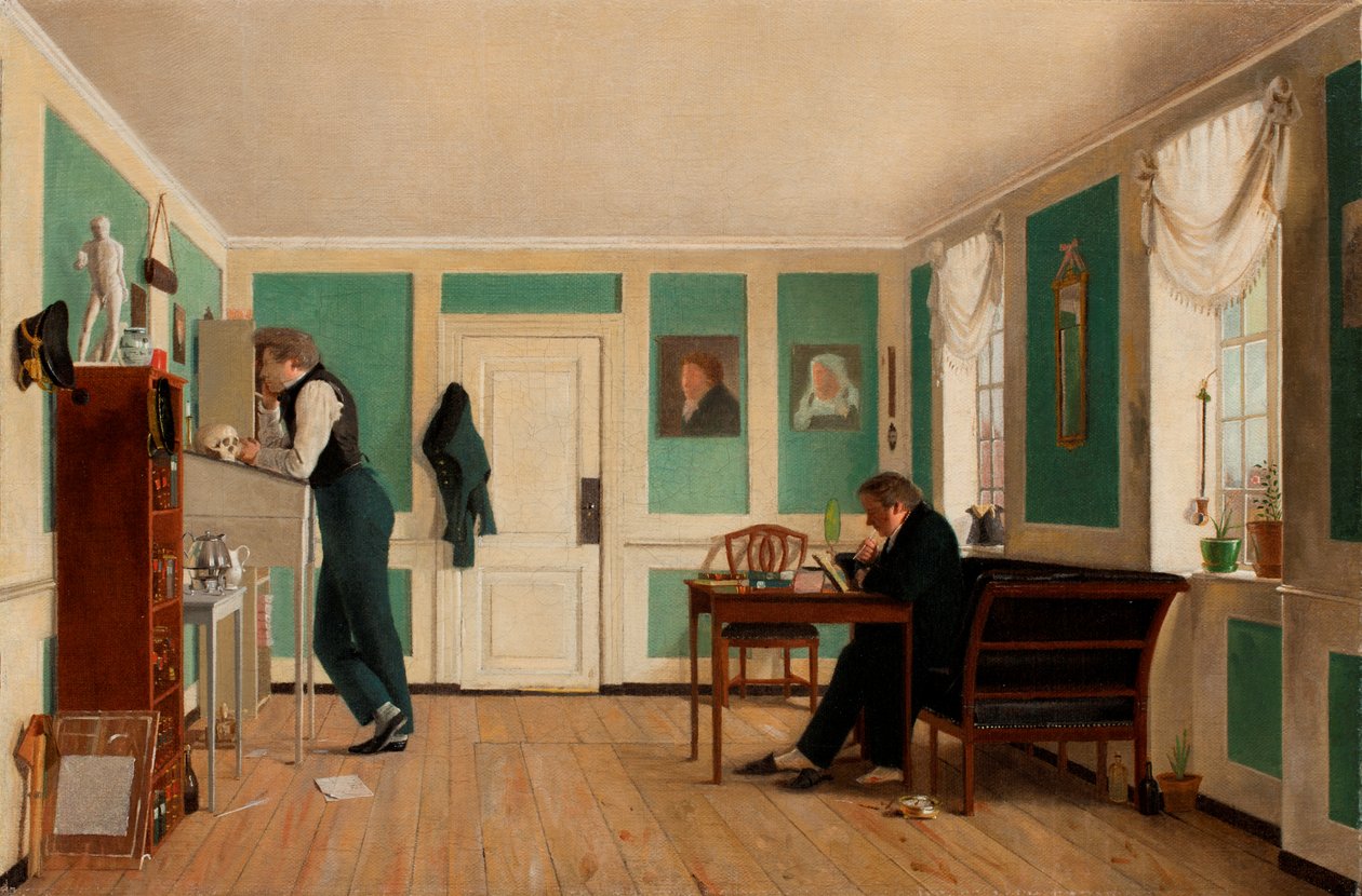 Innenraum von Amaliegade. Kapitän Carl Ludvig Bendz stehend und Dr. Jacob Christian Bendz sitzend von Wilhelm Bendz