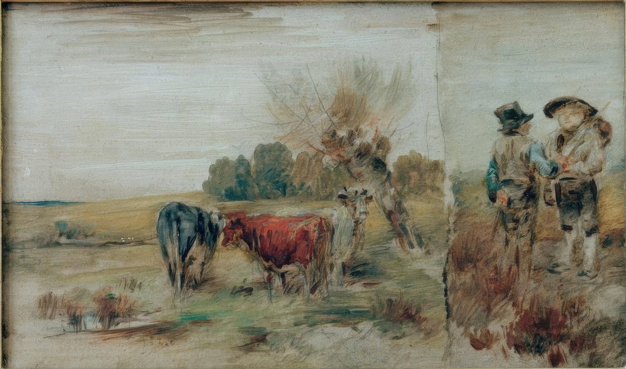 Doppelbild: Kühe auf der Weide, zwei Bauern im Gespräch von Wilhelm Busch