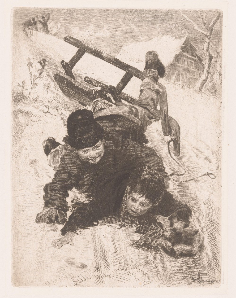Zwei Jungen fallen von einem Schlitten von Wilhelm Carl August Zimmer