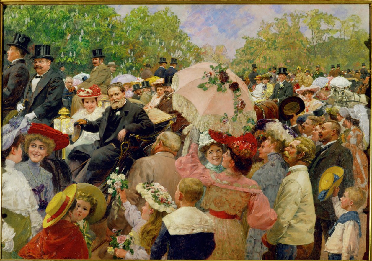 Wiens Bürgermeister Karl Lueger in seiner Kutsche während des Blumenkorsos im Wiener Prater von Wilhelm Gause