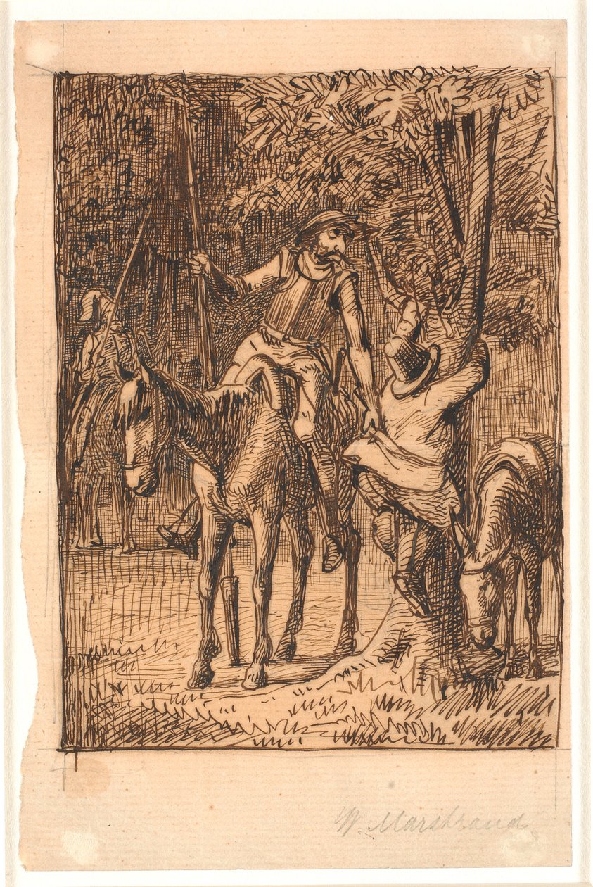 Vor dem Kampf mit dem Spiegelritter hilft Don Quixote Sancho Pansa auf einen Baum von Wilhelm Marstrand