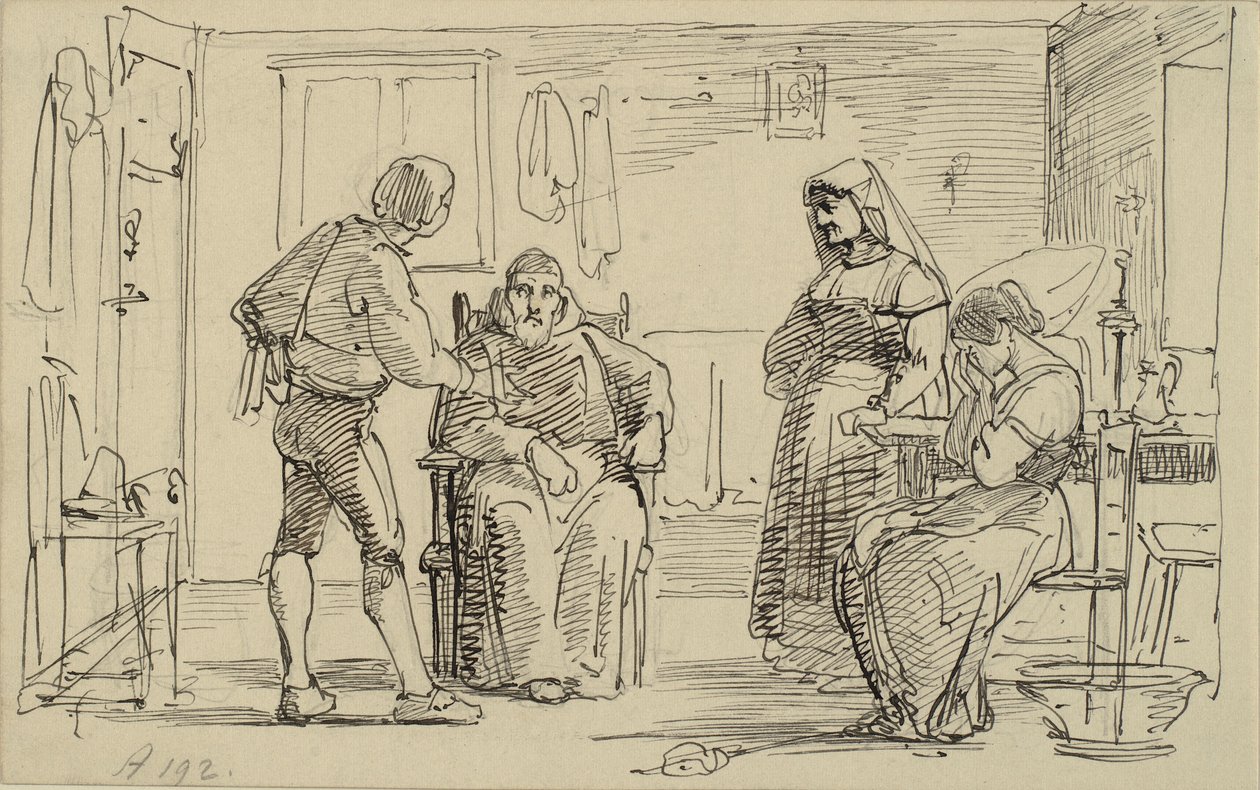 Interieur, wo ein junger Mann einem sitzenden Mönch etwas erklärt, rechts weinendes Mädchen und alte Frau von Wilhelm Marstrand