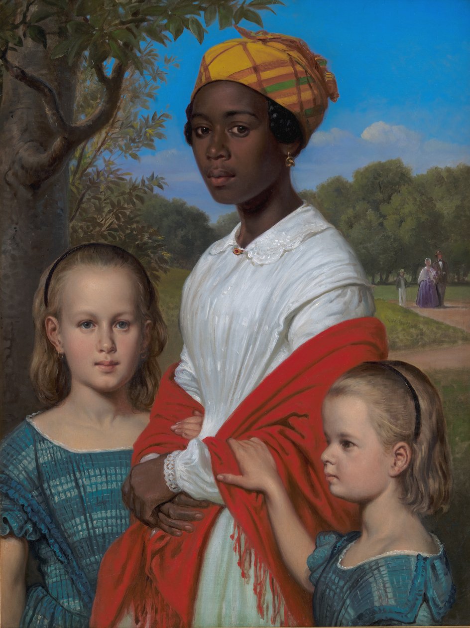 Porträt von Otto Marstrands zwei Töchtern und ihrer westindischen Nanny, Justina Antoine, in den Frederiksberg-Gärten bei Kopenhagen von Wilhelm Marstrand