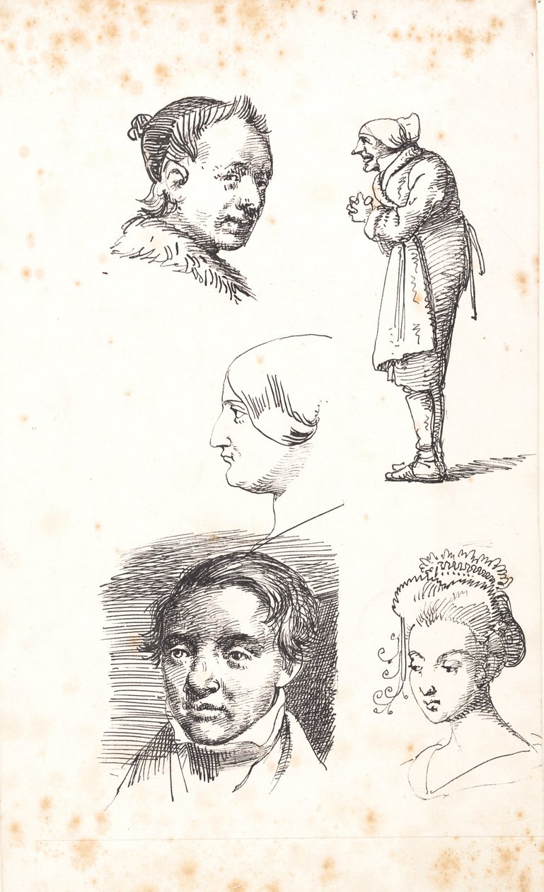 Studienblatt mit zwei Männerköpfen, zwei Frauenköpfen und einem stehenden Mann von Wilhelm Marstrand