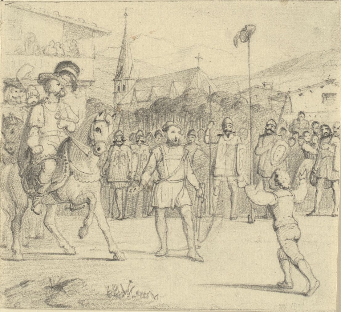 Wilhelm Tell hat den Apfel vom Kopf seines Sohnes geschossen von Wilhelm Marstrand