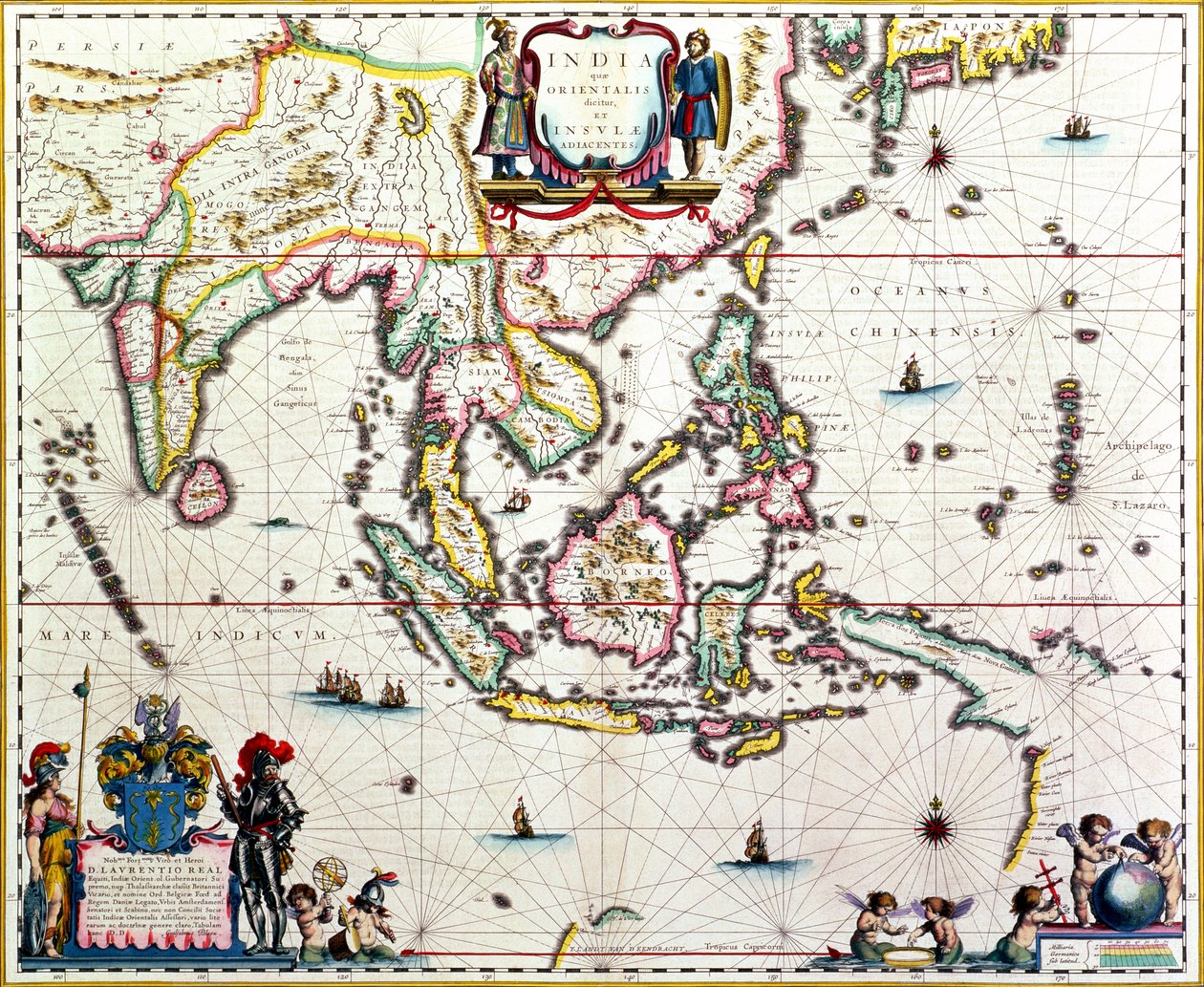 India Quae Orientalis Dicitur, Et Insulae Adiacentes, Karte von Südostasien und den Ostindischen Inseln, veröffentlicht in Amsterdam, ca. 1635 von Willem Janszoon Blaeu