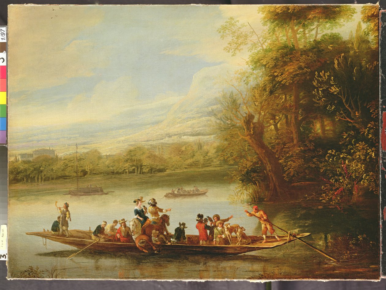 Eine Landschaft mit einer überfüllten Fähre im Vordergrund von Willem Schellinks