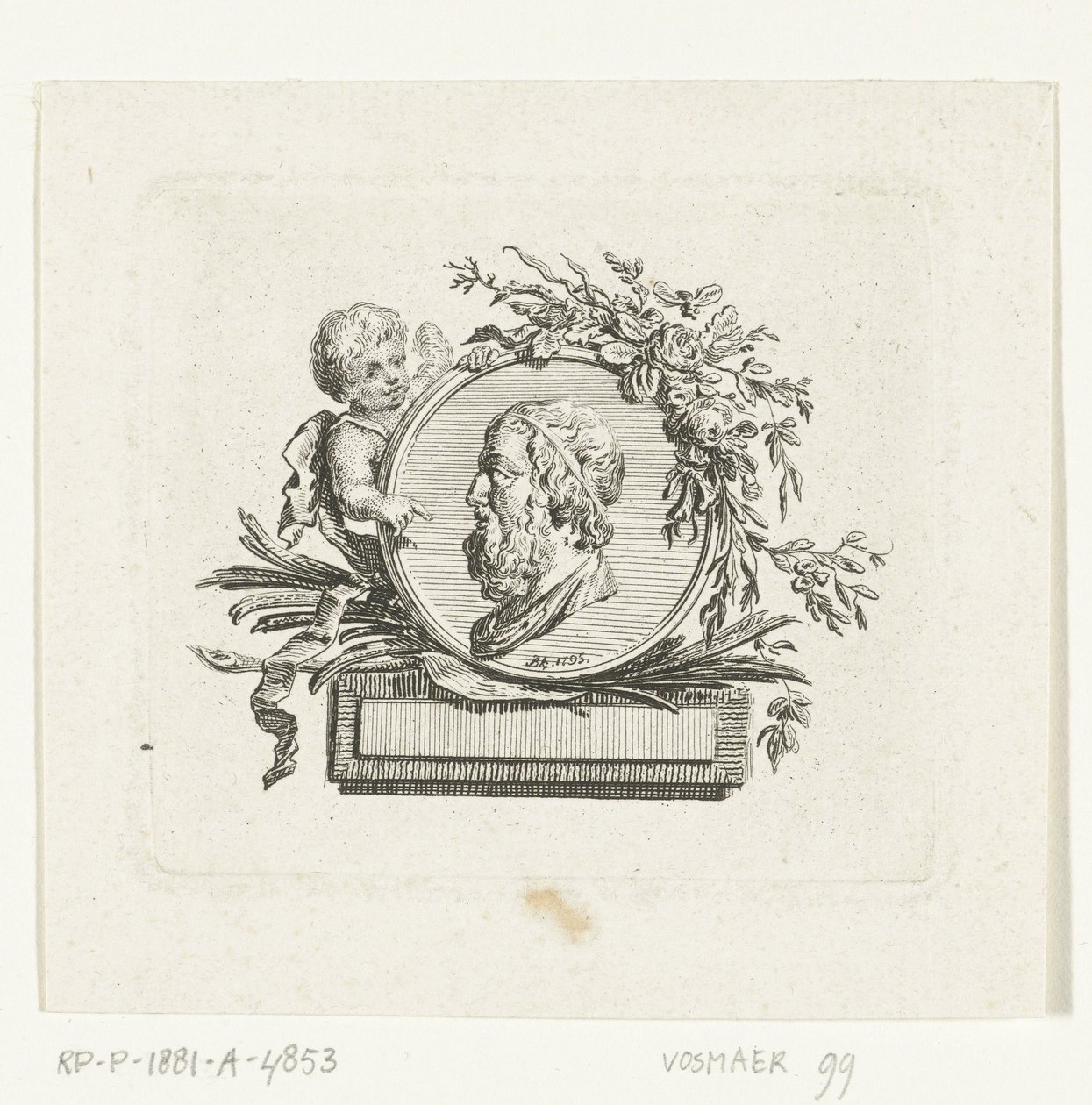 Büste von Homer auf Medaillon, gehalten von einem Engel und mit Blumen und Palmzweigen verziert von Willem Bilderdijk