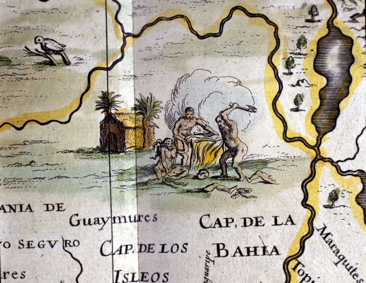 Brasilien. Kannibalen, die einen Mann mit einer Axt darstellen. Detail einer Karte aus dem Atlas von W. Blaeu von Willem Blaeu