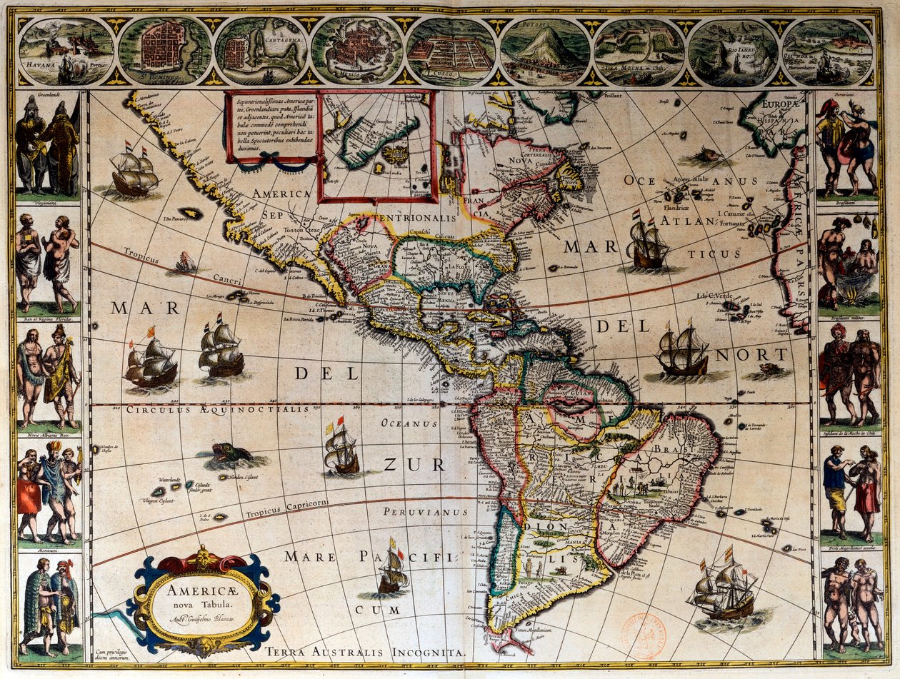 Geografische Karte von Amerika. In „Le theatre du monde ou le nouvel atlas Amsterdam“ erstellt von Willem Janszoon Blaeu (1571-1638) von Willem Blaeu