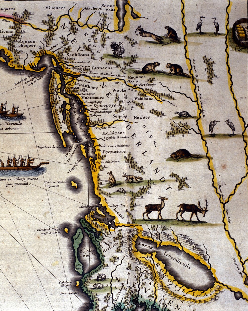 Geografische Karte des 17. Jahrhunderts aus dem niederländischen Atlas von Wilhelm Blaeu (1571-1638), die amerikanische und kanadische Gebiete zeigt. Der Norden ist unten gemäß mittelalterlicher Gewohnheit. von Willem Blaeu