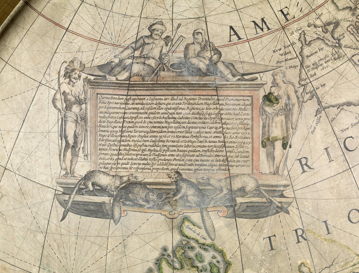 Terrestrischer Bodenglobus, Detail der Kartusche, ca. 1650 von Willem Blaeu
