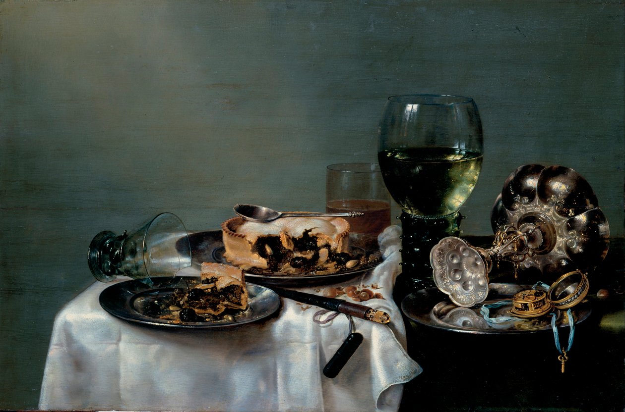 Stillleben mit Frühstückstisch und Brombeerkuchen von Willem Claesz. Heda
